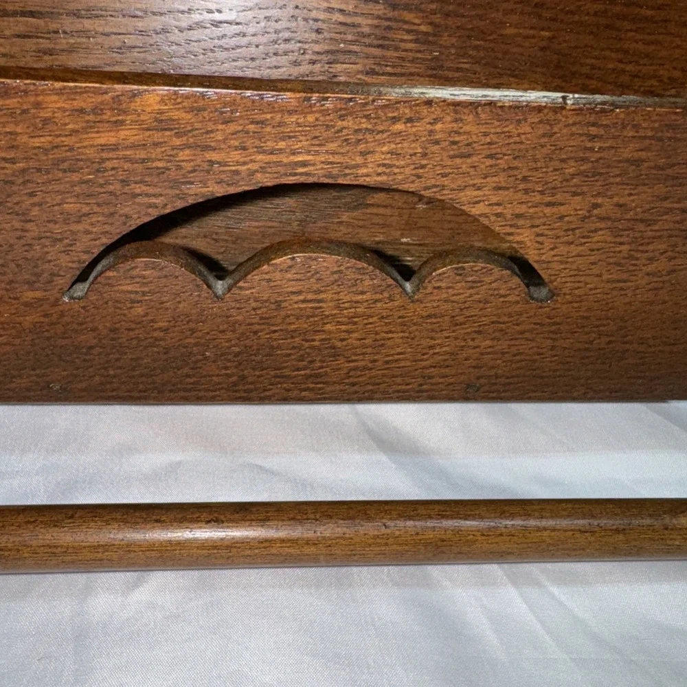 Antique Oak Wood Wall Shaving Mirror Towel Rack & Accessory Box Wall Hang